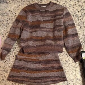 Zara Brown, Tan & Gray Striped Crewneck Sweater and Skirt Set